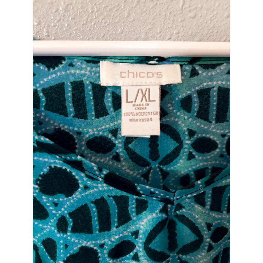 Chico's Blue Batik Print Kaftan Tunic Top V-Neck poncho shall artsy art to wear - Picture 4 of 5